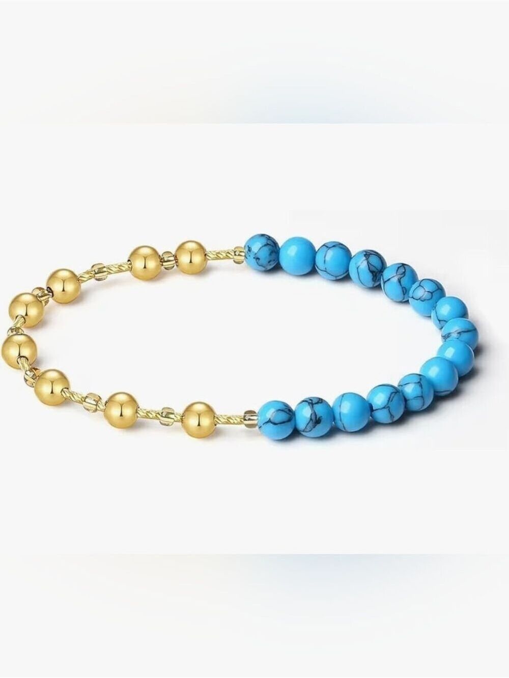 Blue Turquoise Stretch Bracelet, 6MM Beaded 18K Gold Ball Two in One